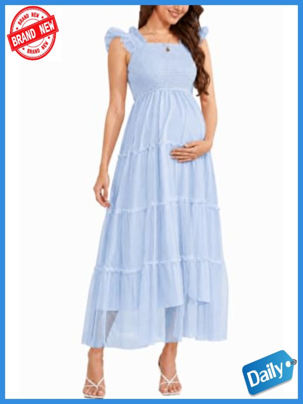 Smocked Tulle Maxi Maternity Dress for Photoshoot Baby Shower Ruffle Straps